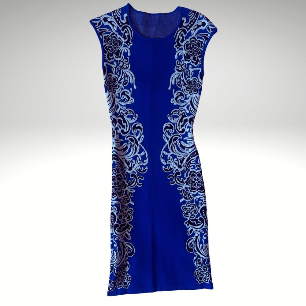 BCBG Max Azria Ellena Foliage Jacquard Bandage Dress Blue XXS
